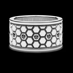 Anello a fascia larga Zancan in argento e pietre nere.