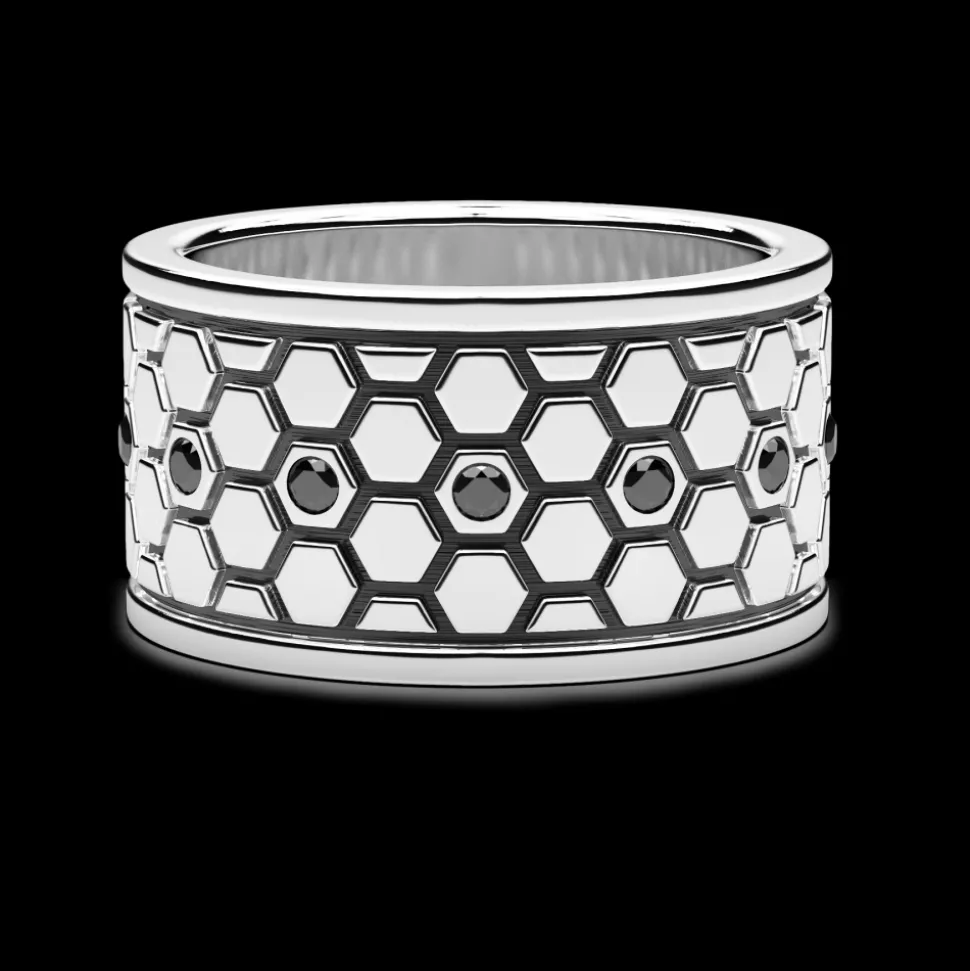 Anello a fascia larga Zancan in argento e pietre nere.