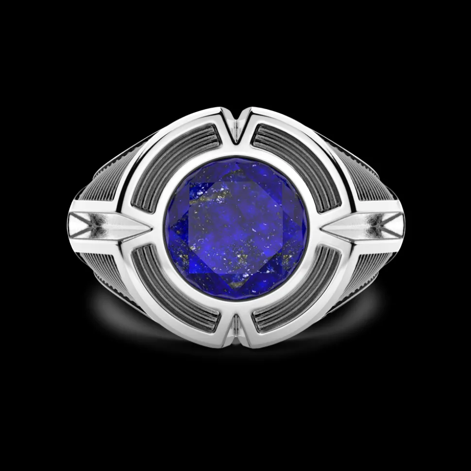 Anello chevalier Zancan in argento con pietra lapis centrale.