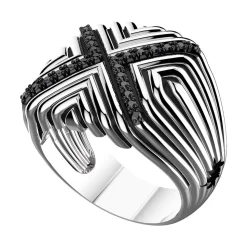 Anello chevalier Zancan in argento con pietre nere.