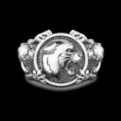 Anello chevralier Zancan con pantere in argento.