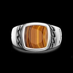 Anello in argento bianco e nero con occhio di tigre naturale.