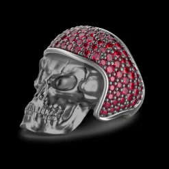 Anello Zancan in argento brunito a teschio biker con pietre rosse.