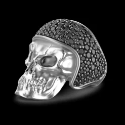 Anello Zancan in argento a teschio biker con pietre nere.