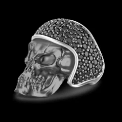 Anello Zancan in argento brunito a teschio biker con pietre nere.