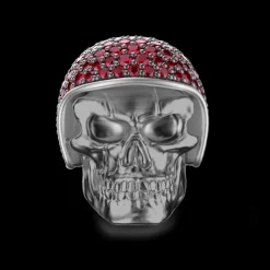 Anello Zancan in argento brunito a teschio biker con pietre rosse.