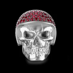 Anello Zancan in argento a teschio con pietre rosse.