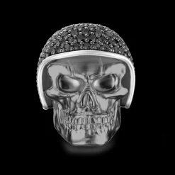 Anello Zancan in argento brunito a teschio biker con pietre nere.