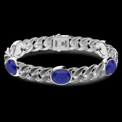 Bracciale a grumetta Zancan in argento con finitura striata in nero e pietre blu.
