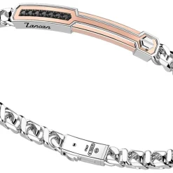 Bracciale a grumetta Zancan in argento con targa ed inserti in oro rosa e pietre nere.