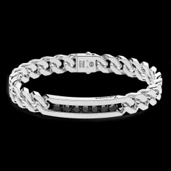 Bracciale a grumette Zanca in argento con targa e pietre nere.