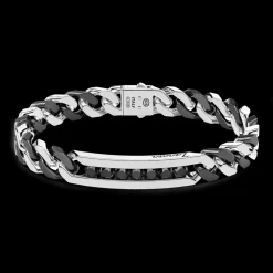 Bracciale a grumette Zanca in argento e ceramica con targa e pietre nere.
