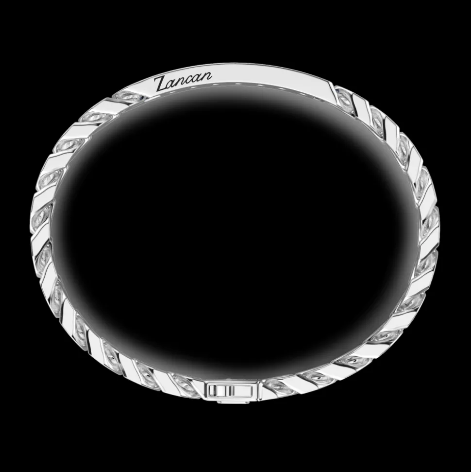Bracciale a grumette Zanca in argento con targa e pietre nere.