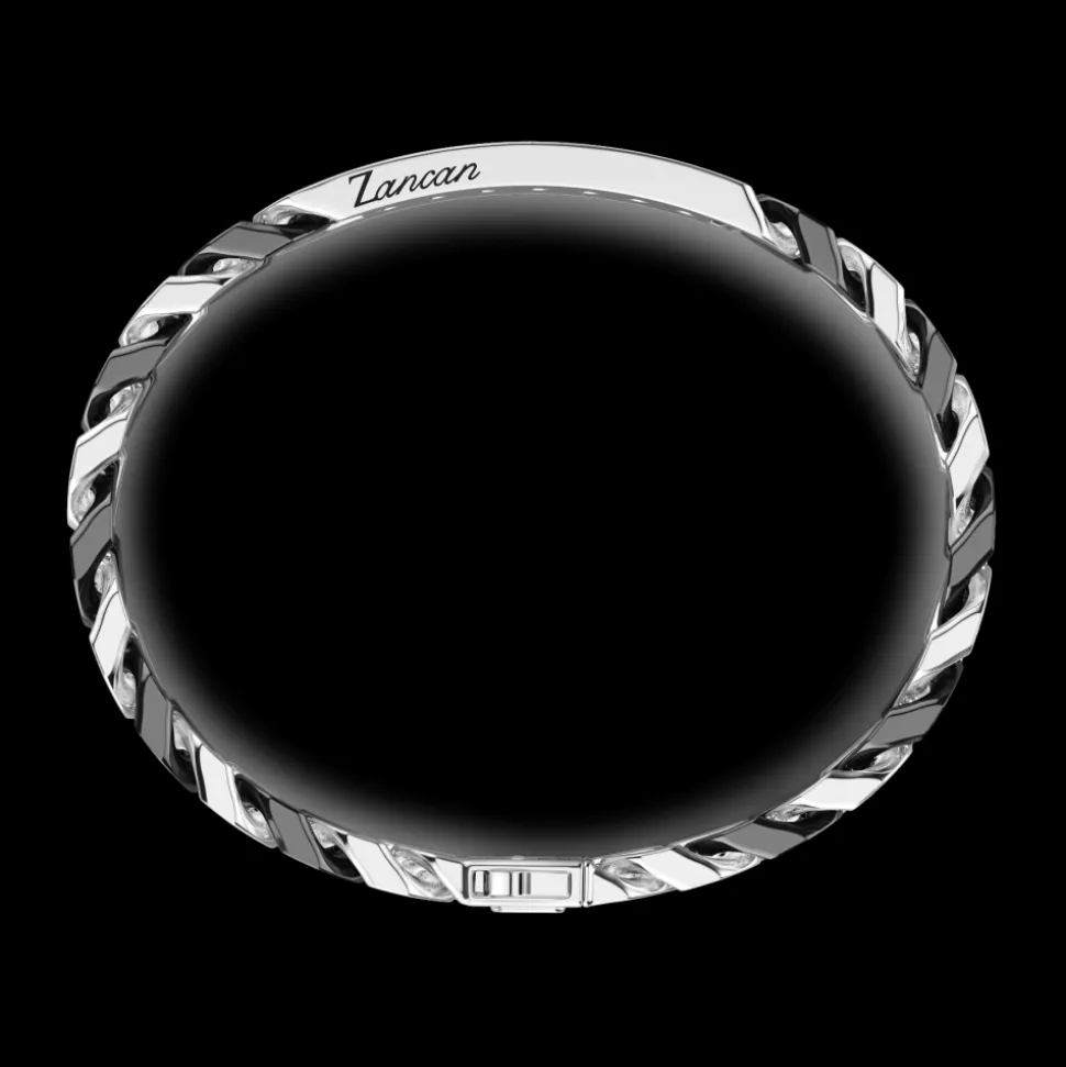 Bracciale a grumette Zanca in argento e ceramica con targa e pietre nere.