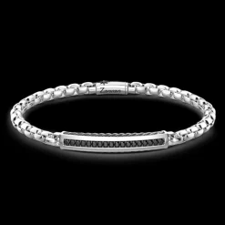 Bracciale Zancan a maglia venezia in argento con targa e pietre nere.