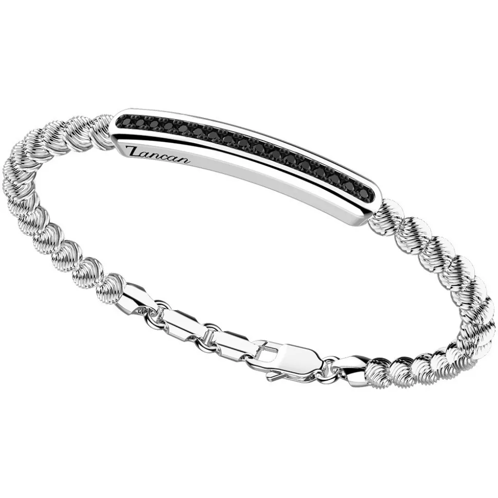 Bracciale Zancan in argento a sfere con targa e pietre nere.
