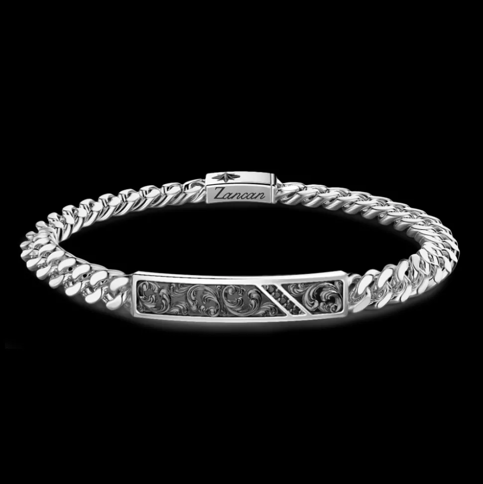 Bracciale Zancan in argento a grumetta con targa e pietre nere.