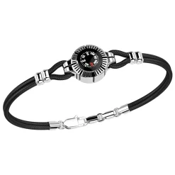 Bracciale Zancan in argento e kevlar nero con bussola su fondo nero.
