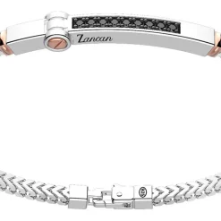 Bracciale Zancan in argento con targa ed inserti in oro rosa e pietre nere.