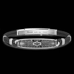 Bracciale Zancan in Kevlar con targa in argento e pietre nere.
