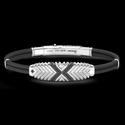 Bracciale Zancan in Kevlar con targa in argento e pietre nere.