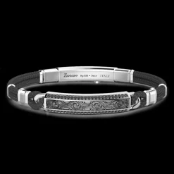 Bracciale Zancan in Kevlar con targa in argento e pietre nere.
