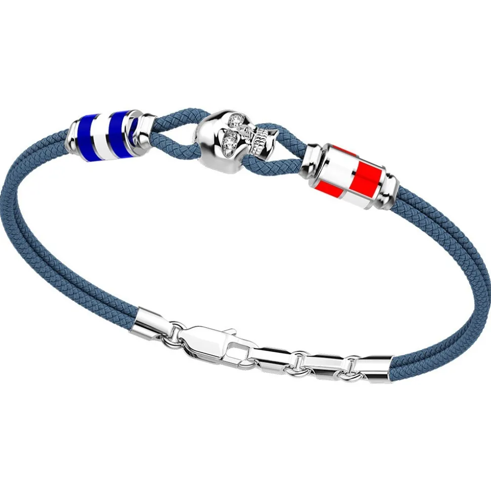 Bracciale Zancan in kevlar con teschio in argento e bandiere nautiche.