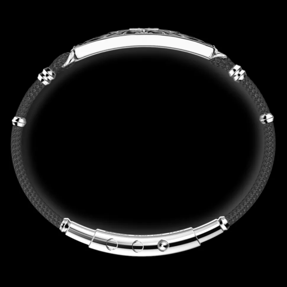 Bracciale Zancan in Kevlar con targa in argento e pietre nere.