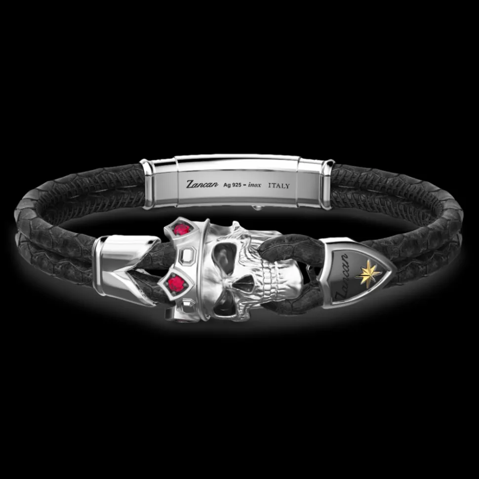 Bracciale Zancan in pelle con teschio incoronato in argento e pietre rosse.