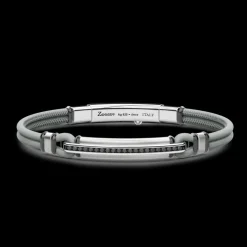 Bracciale Zancan in pelle naturale con targa in argento e pietre nere.
