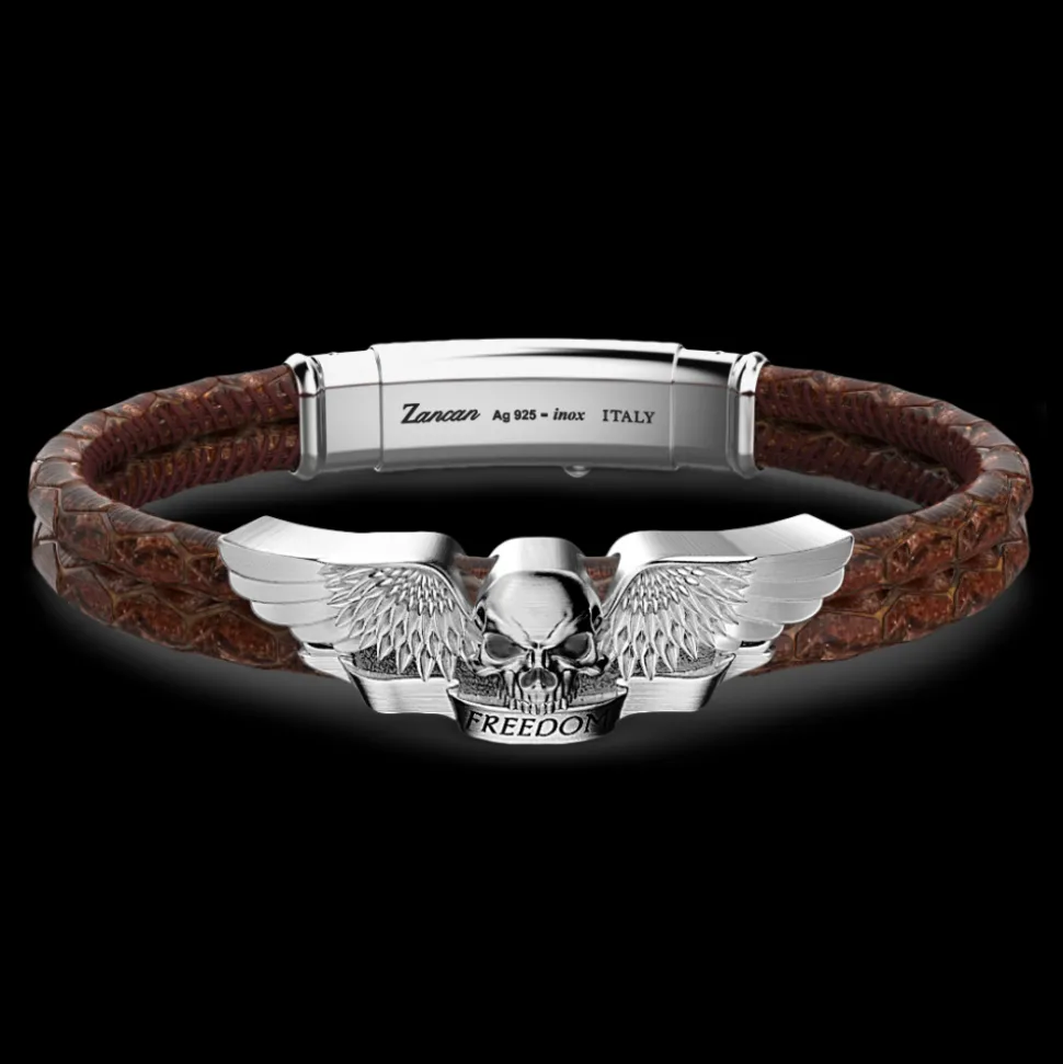 Bracciale Zancan in pelle e teschio alato in argento.