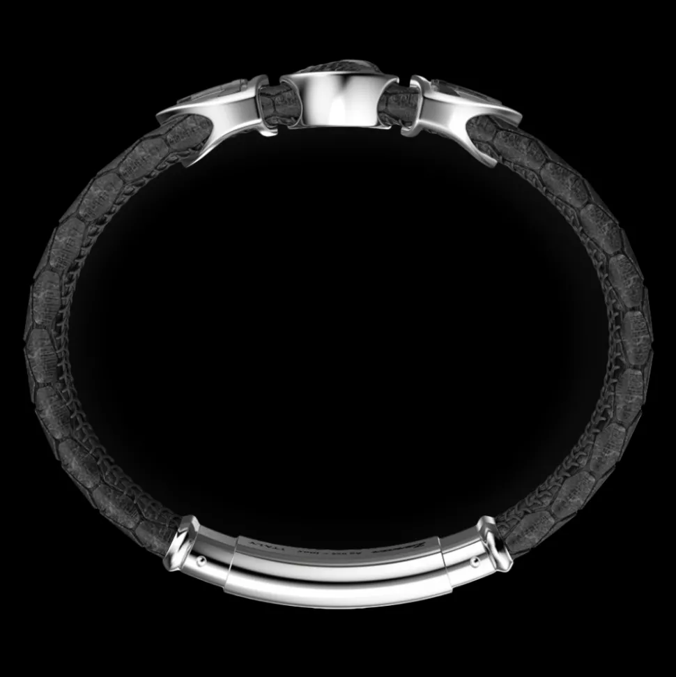 Bracciale Zancan in pelle con teschio incoronato in argento e pietre rosse.
