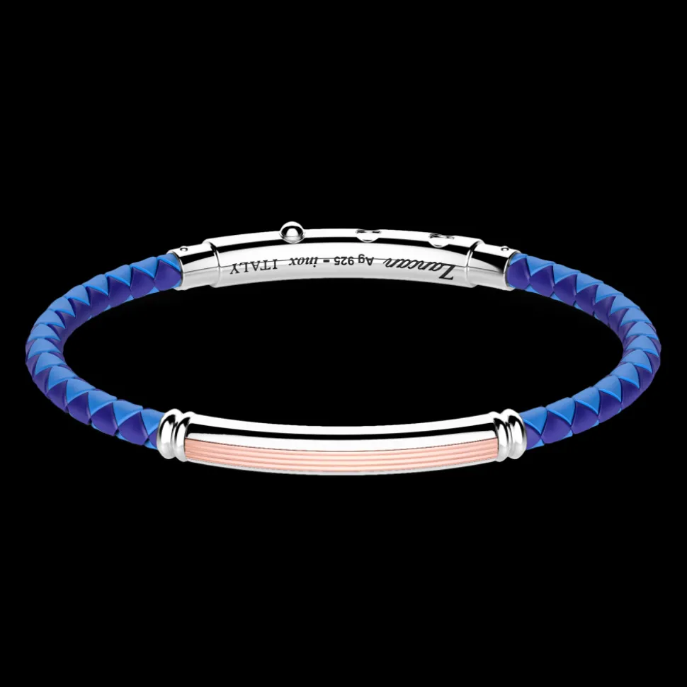 Bracciale Zancan in silicone nero con targa in argento e dettagli in oro rosa.