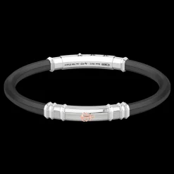 Bracciale Zancan in silicone nero con targa in argento e dettagli in oro rosa.