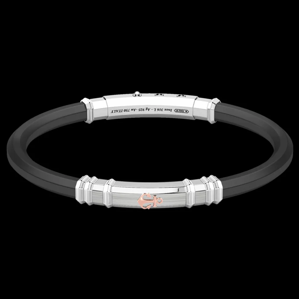 Bracciale Zancan in silicone nero con targa in argento e dettagli in oro rosa.