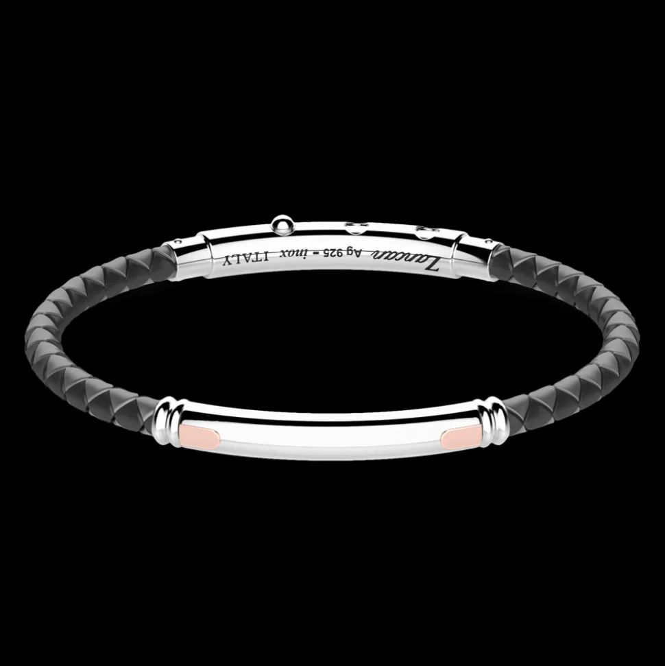 Bracciale Zancan in silicone nero con targa in argento e dettagli in oro rosa.