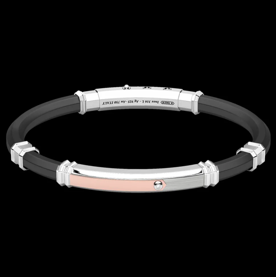 Bracciale Zancan in silicone nero con targa in argento e dettagli in oro rosa.