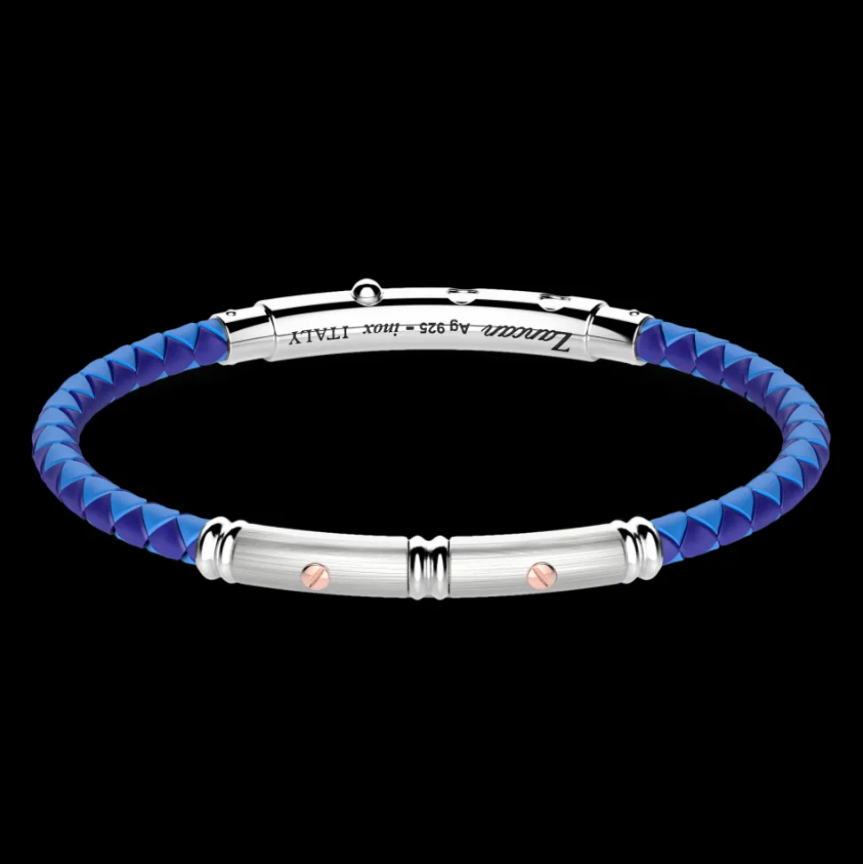 Bracciale Zancan in silicone nero con targa in argento e dettagli in oro rosa.
