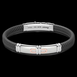 Bracciale Zancan in silicone nero con targa in argento e dettagli in oro rosa.