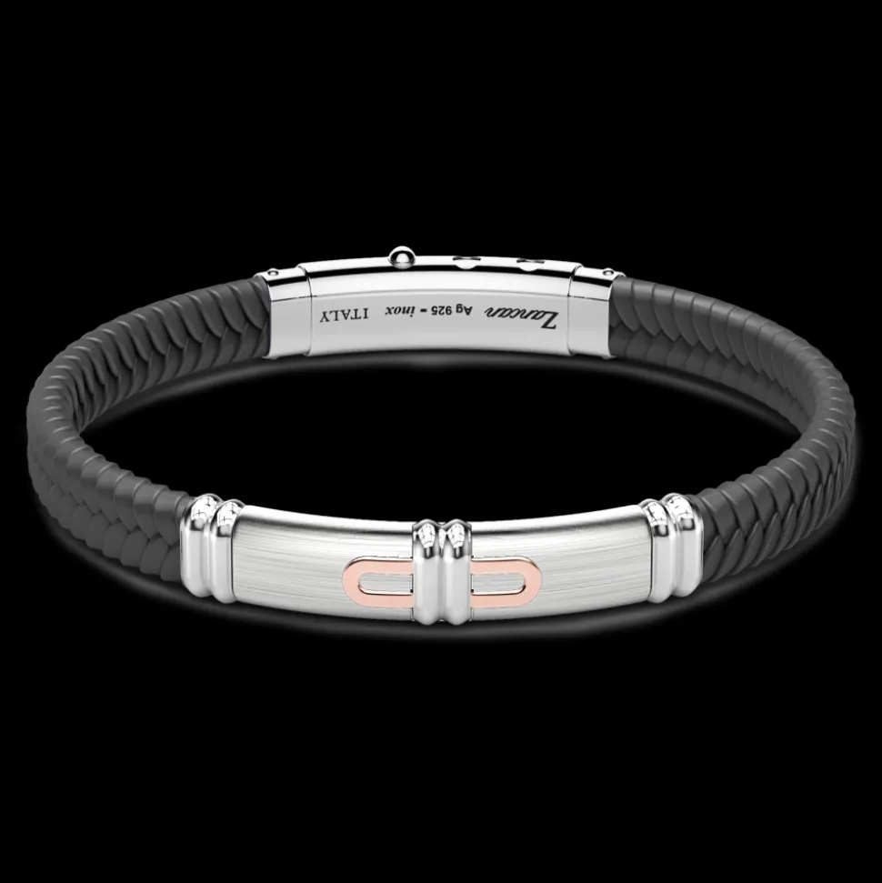 Bracciale Zancan in silicone nero con targa in argento e dettagli in oro rosa.