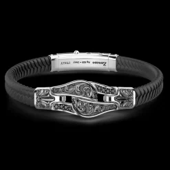 Bracciale Zancan in silicone con targa in argento e pietre nere.