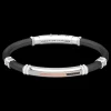 Bracciale Zancan in silicone nero con targa in argento e dettagli in oro rosa e pietre nere.