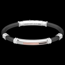 Bracciale Zancan in silicone nero con targa in argento e dettagli in oro rosa e pietre nere.