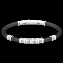 Bracciale Zancan in silicone nero con targa in argento e dettagli in oro rosa.