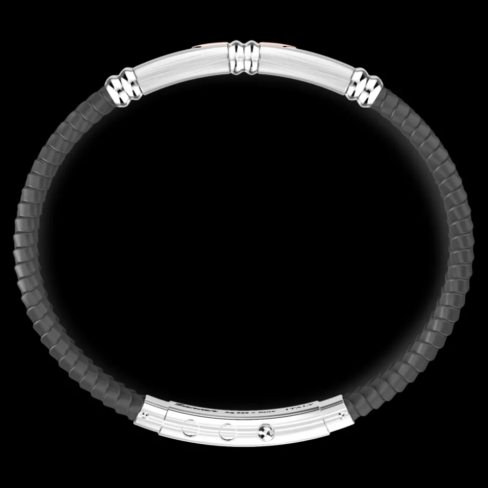 Bracciale Zancan in silicone nero con targa in argento e dettagli in oro rosa.