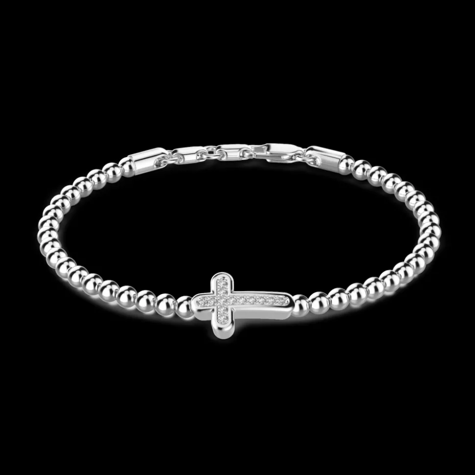 Bracciale Zancan morbido con sfere in argento e croce con pietre nere.