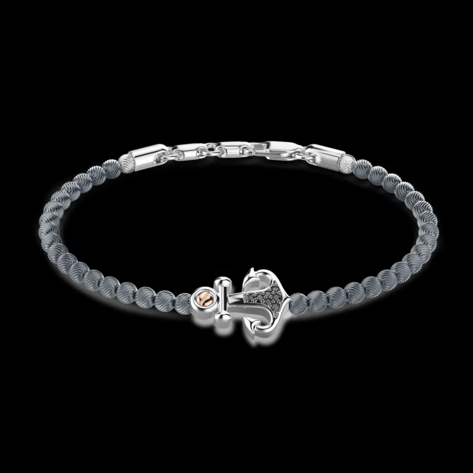 Bracciale Zancan morbido con sfere in argento, ancora e pietre nere.