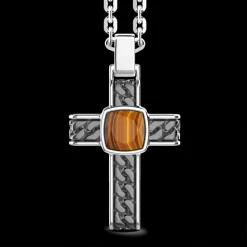 Collana in argento con pendente a croce e occhio di tigre quadrata.