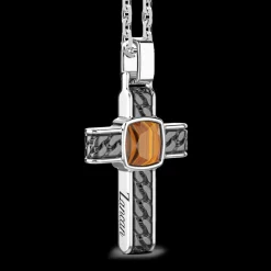 Collana in argento con pendente a croce e occhio di tigre quadrata.