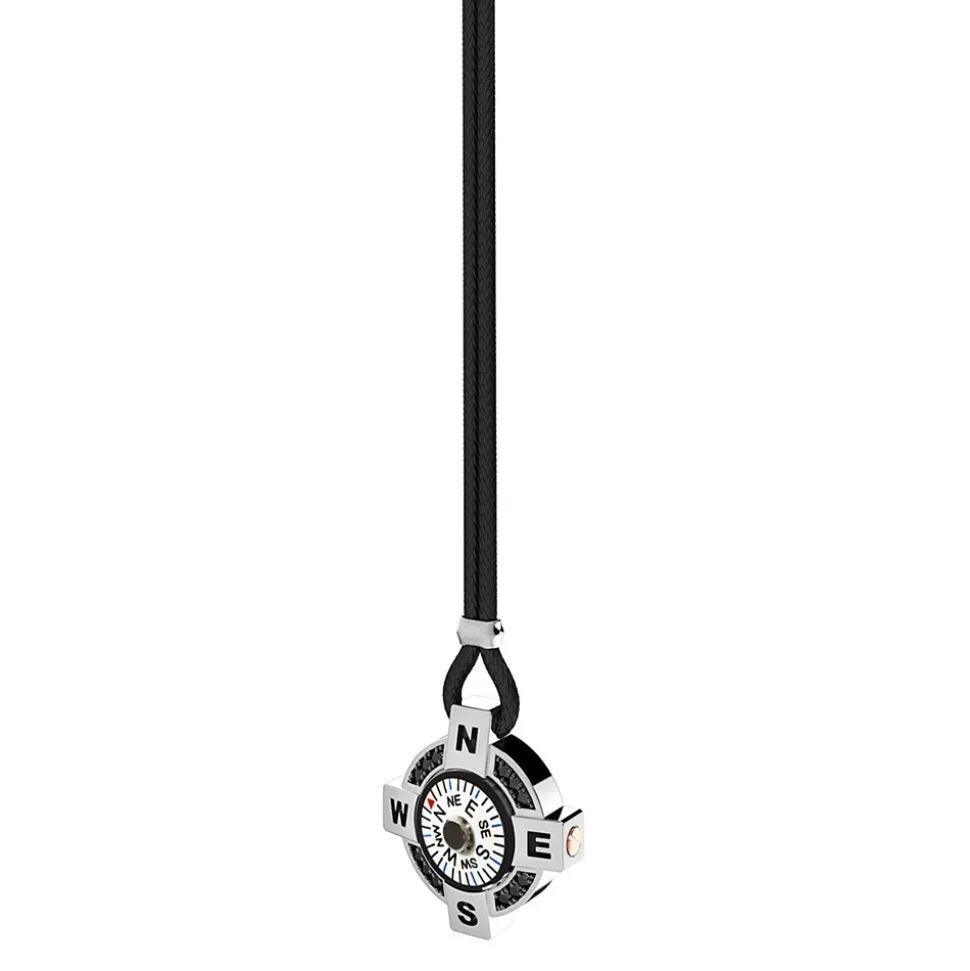 Collana Zancan con bussola bianca in argento e spinelli neri.
